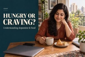 Indian woman reflecting on hunger and food cravings beside chai and snacks