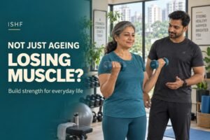 Indian woman strength training with a trainer to address losing muscle with age