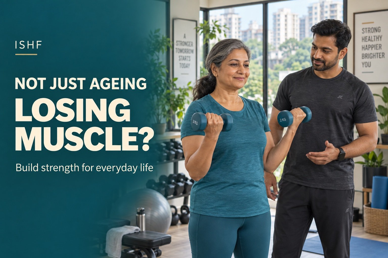 Indian woman strength training with a trainer to address losing muscle with age